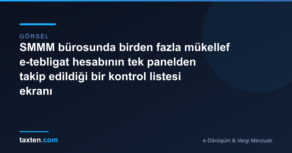SMMM bürosunda birden fazla mükellef e-tebligat hesabının tek panelden takip edildiği bir kontrol listesi ekranı